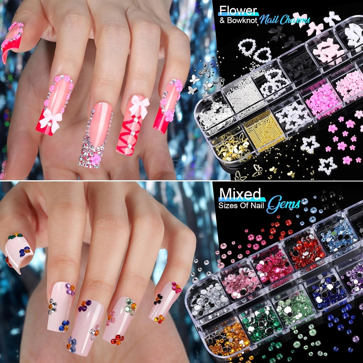Teenitor Nail Charms Nail Stickers for Nail Art Kit, 8 Boxes Nail Rhinestones Nail Gems Pearls for Nails with 20 Sheets Nail Art Stickers, 3D Gold Nail Charms and Gems Nail Supplies Nail Art Tools