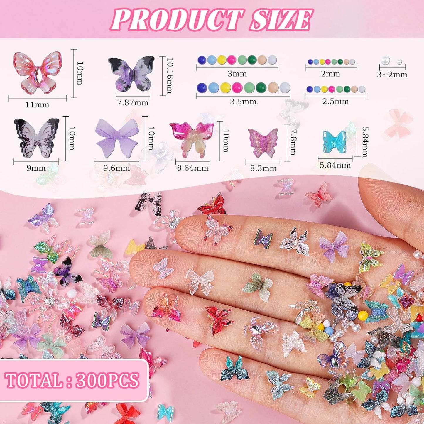 300Pcs Assorted Butterfly Nail Charms Kit, 100Pcs 3D Nail Butterfly Charms and 100Pcs Pearls with 100Pcs Macaron Beads, Colorful Butterflies Tiny Gems Round Beads for Women Manicure Craft DIY