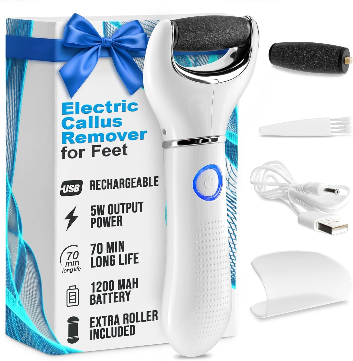Rechargeable Electric Foot Callus Remover Tool – 3-Speed Foot Sander (1800/2200/2800 RPM), Electric Callus Remover for Feet, Pedicure Tools for Feet – 1200mAh, 70 Min Runtime, 2 Replacement Rollers