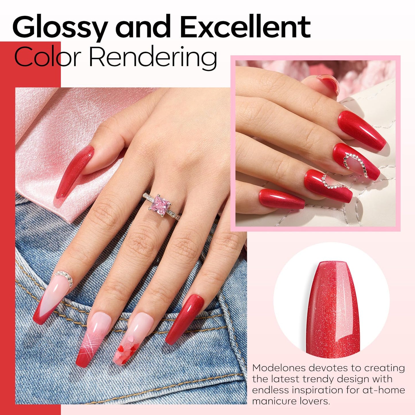modelones Gel Nail Polish Set 2 Pcs 15 ML Pink Red Gel Polish Hot Pink Red Love-heart Glitter Gel Polish White Shimmer Spring Soak Off LED Nail Art DIY Gift For Women Girl