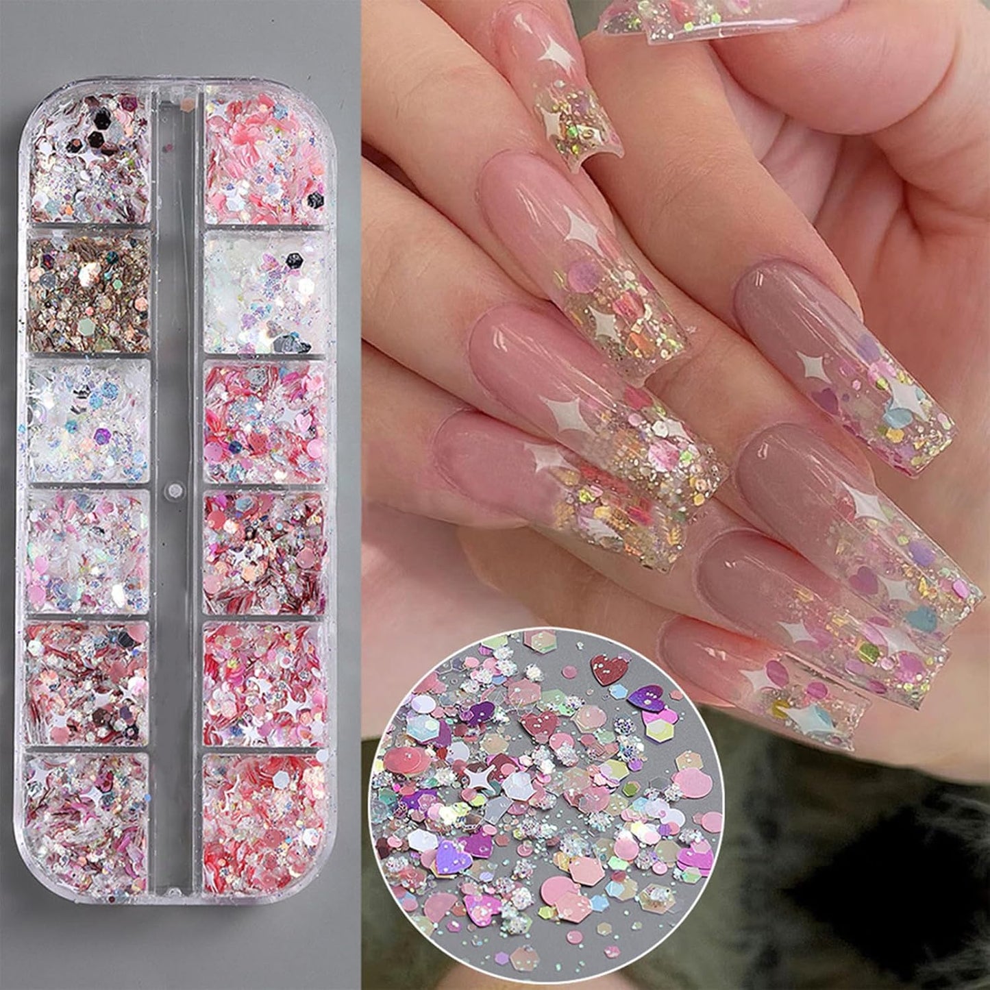 12 Grids Mixed Star Fragment Nail Art Glitters Sequins Holographic Heart Nail Sequins Hexagon Sparkles Stars Design Laser Nail Flakes Glitters Accessories for Women Manicure DIY Nail Decorations