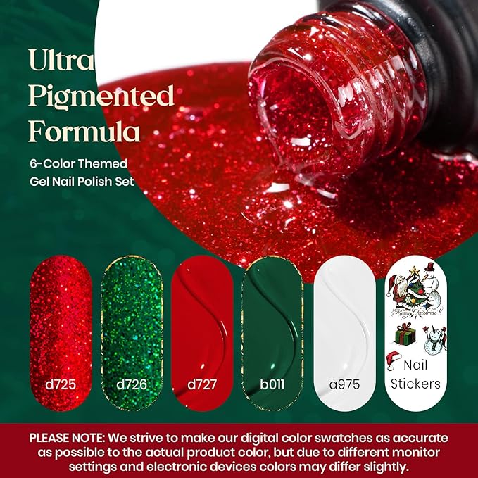 Beetles Green Gel Nail Polish Set, Sparkle Red Green Gel Polish Kit Soak Off UV LED Gel Nail Kit Manicure Gift with Nail Strengthener Gel
