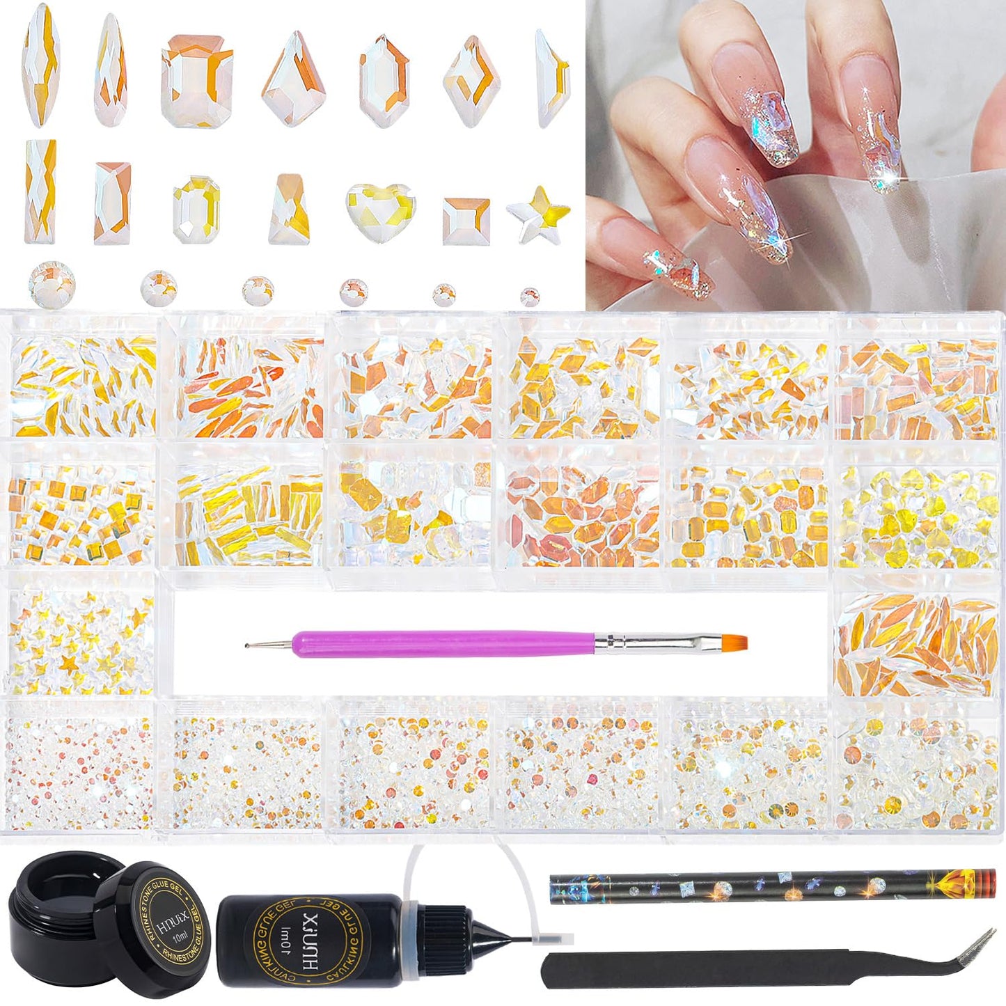 HNUIX Nail Rhinestones - 3200pcs Crystals Aurora, Multiple Shape Gems, Flatback Rhinestones, with Kit and Glue Gel, for Nail Art