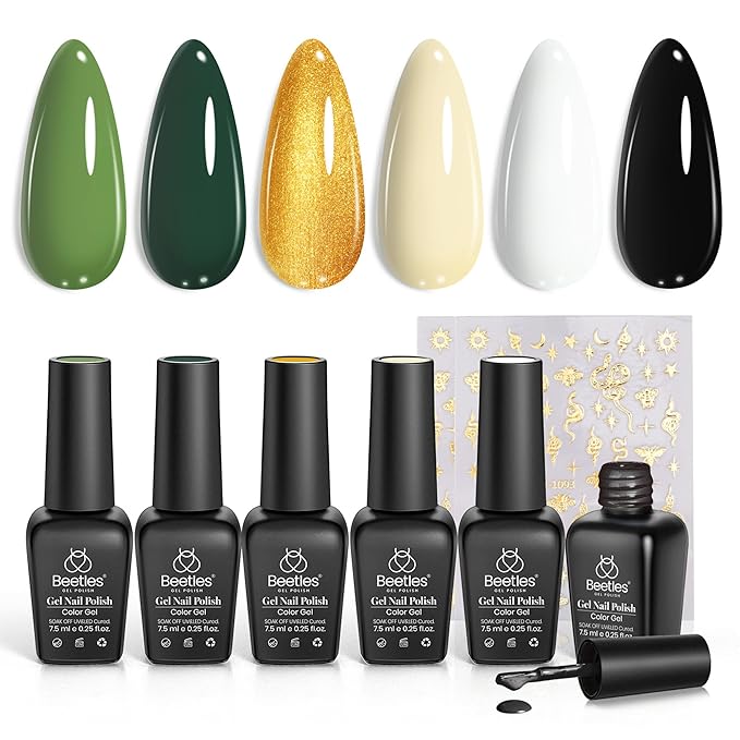 Beetles Gel Polish 6 Colors Dark Green White Black Golden Gel Nail Polish Design with Snake Sticker Soak Off UV LED Gel Nail Kit Manicure DIY Home Gift for Women Viper's Kiss