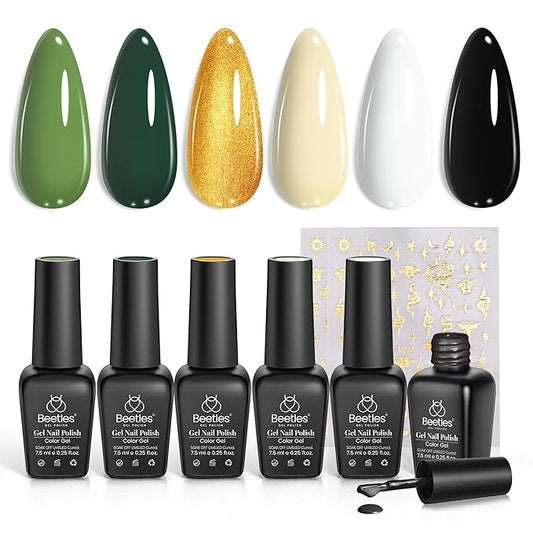Beetles Gel Polish 6 Colors Dark Green White Black Golden Gel Nail Polish Design with Snake Sticker Soak Off UV LED Gel Nail Kit Manicure DIY Home Gift for Women Viper's Kiss
