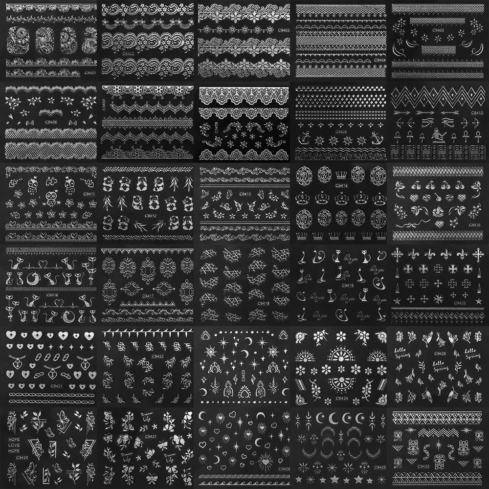 30 Sheets Silver Nail Sticker Silver Lace Nail Art Stickers Silver Retro Flower Star Moon Heart Cat Design 3D Self-Adhesive Nail Sticker Decals Nail Supplies for Women Girls DIY Nail Art Decoratio