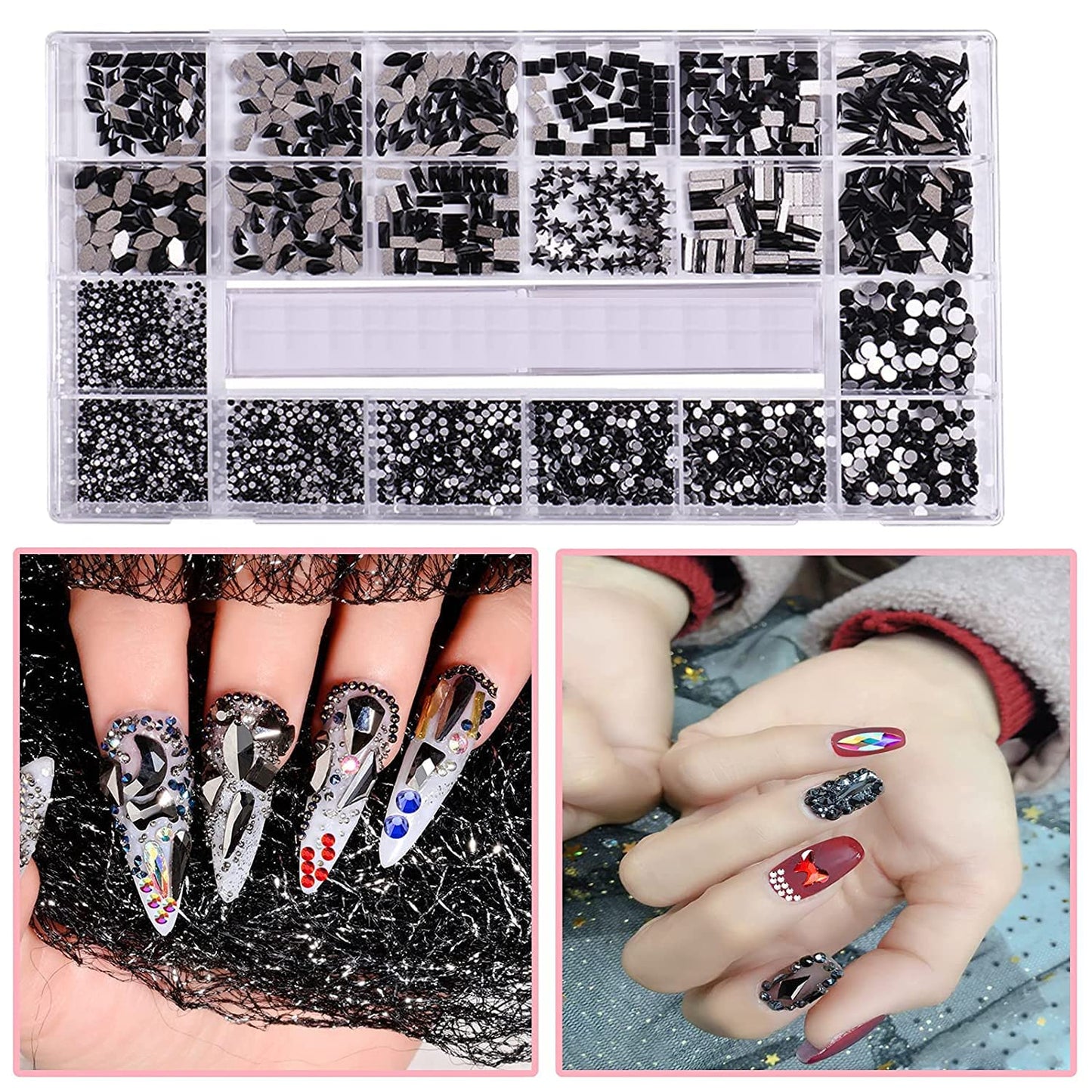 HOINCO Black Rhinestones for Nails - 3100 Pcs Mix Flatback Rhinestone/Gems - 600 Diamonds + 2500 Round Beads for Nail Crafts with Tweezers Pen