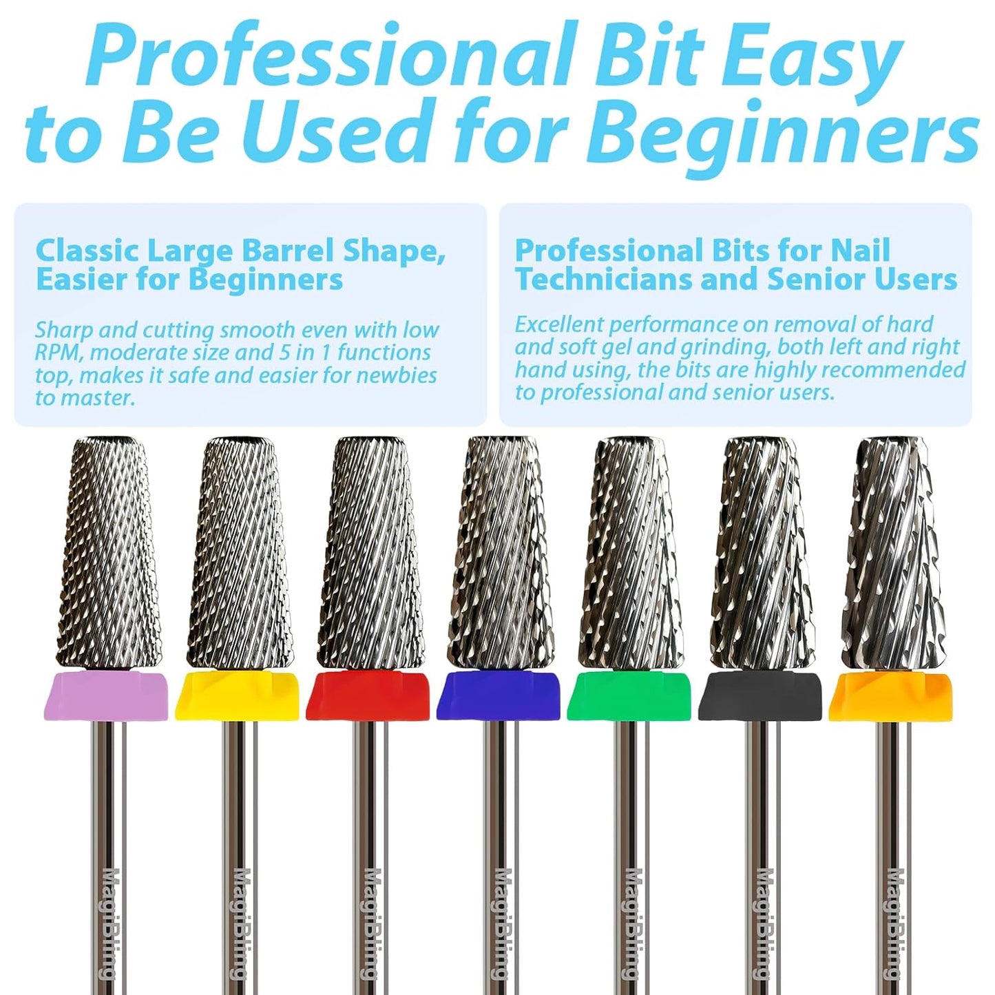 Cross Cut 5 in 1 Tapered Barrel Nail Drill Bits, Professional 3/32'' Safety Tungsten Carbide Bits, Two-way Rotation, Manicure Pedicure Cuticle Gel Removal Polishing, Extra Coarse.