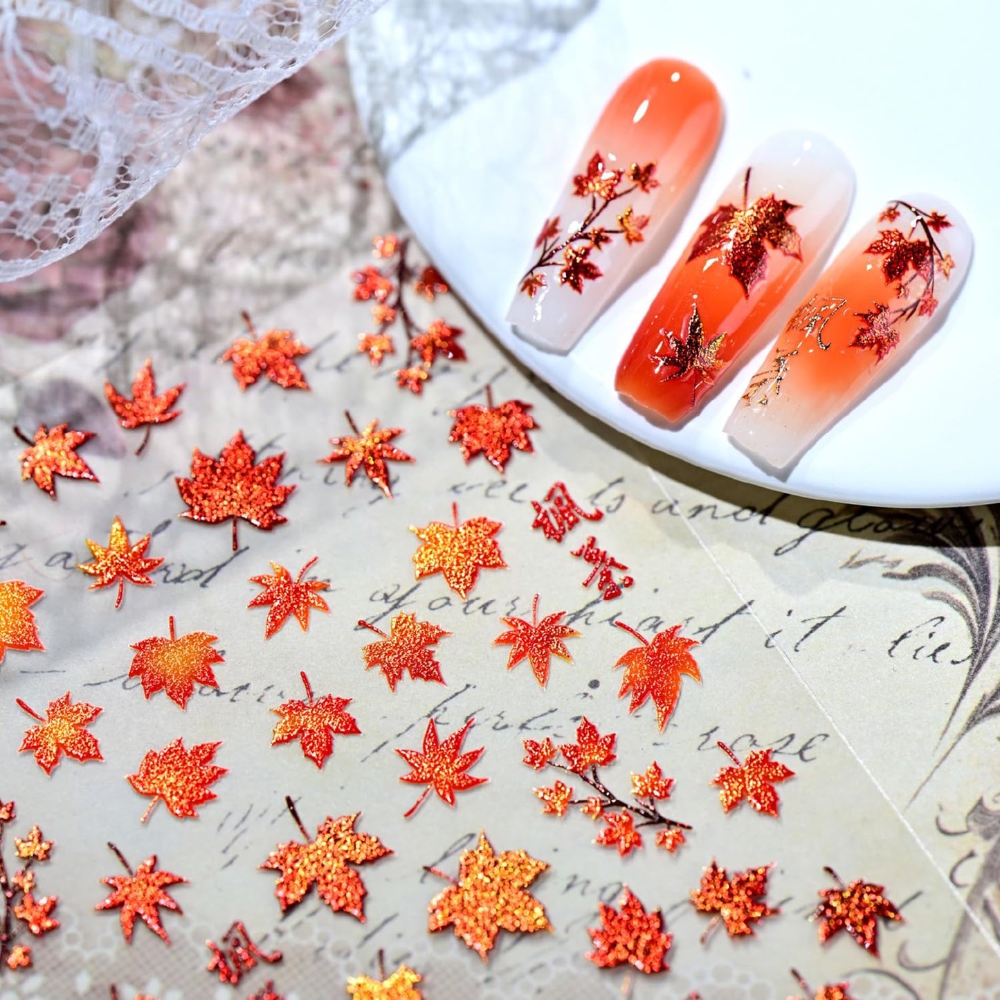 1 Sheets Fall Nail Stickers for Nail Art 5D Embossed Thanksgiving Nail Art Stickers Red Shiny Maple Leaf Nail Decals Self-Adhesive Autumn Holiday Nail Designs for Women Manicure Decoration Supplies