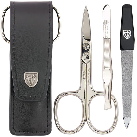 3 Swords Germany - brand quality 3 piece manicure pedicure grooming kit set for professional finger & toe nail care scissors file genuine leather case in gift box, Made in Solingen Germany