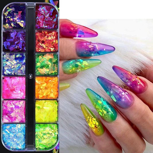 12-Grid Colorful Holographic Mermaid Nail Art Glitter Gradient Colorful ice slag Nail Sequins Irregular Candy Color Summer Metal foil DIY Nail Art Decoration