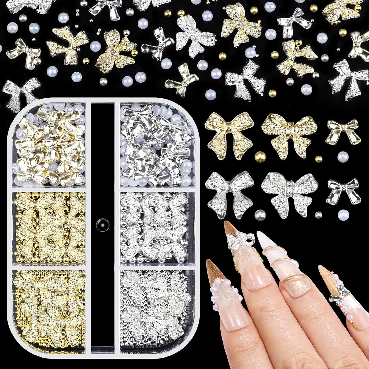 3D Metal Bowknot & AB Pearl and Mini Beads Nail Art Kit - Gold/Silver Alloy Bowknot, 1-2mm Stainless Steel Caviar Beads, 3mm Half Pearls for Professional Salon & DIY Manicure Jewelry Designs (Set 1)