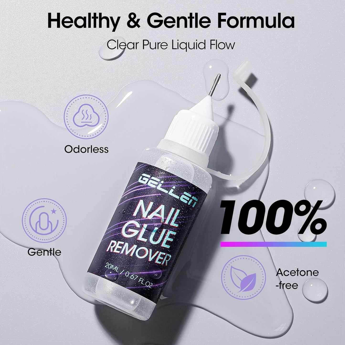 Gellen Nail Glue Remover, Non Acetone Press On Nail Remover for Quick Dry Strong Brush Bond, 10s Fast Gentle Removal Solid Gel & UV Gel, Glue Off for Fake Nail Tips with Stick, 0.67 Fl.oz
