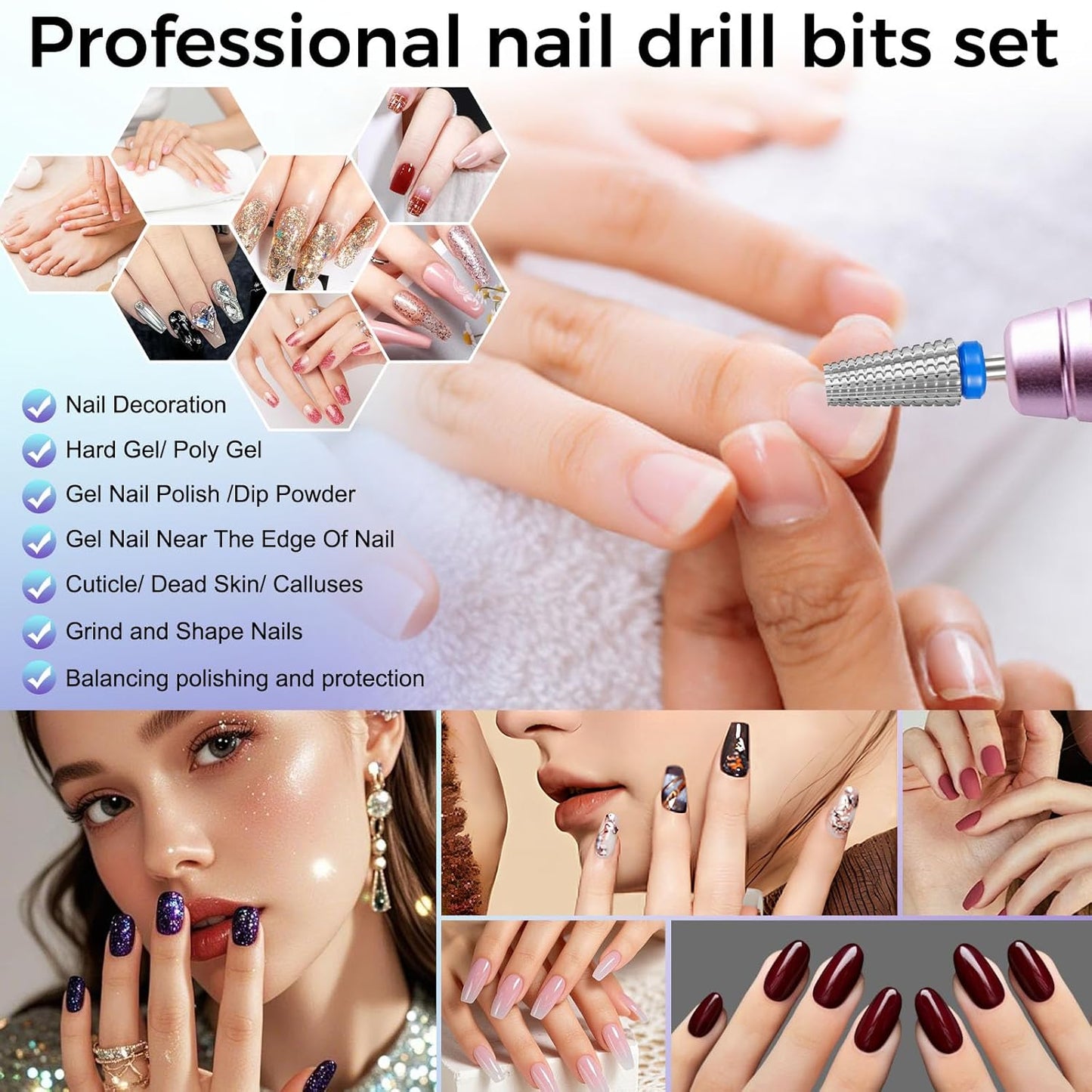 Fantexy 5 in 1 Nail Drill Bits,Professional 3/32" Shank Tungsten Steel Bits for Acrylic Nails,Manicure,Nail Art,Drill Machine,Both Left and Right Handed - Two Way Rotate Use (Medium - M)