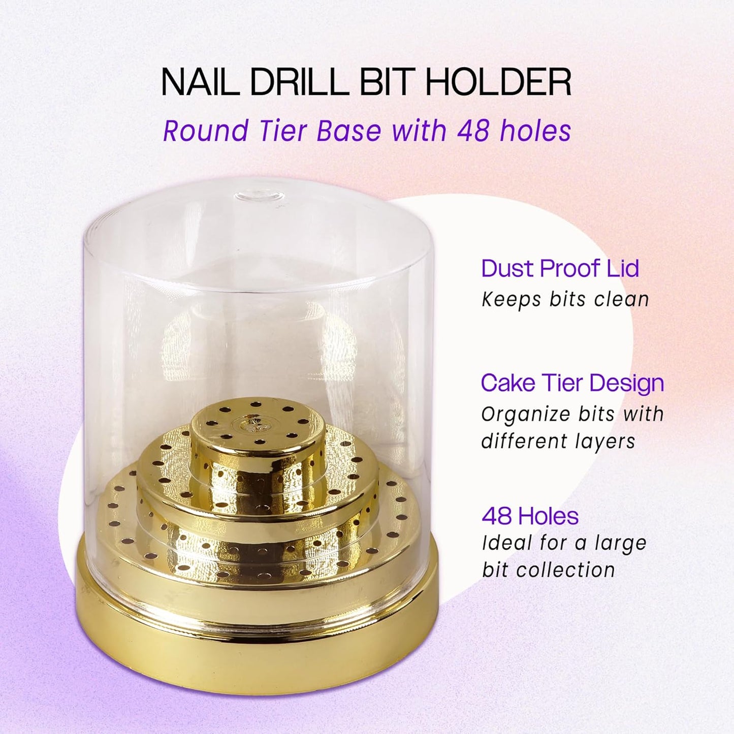 PANA Round Cake Tier Nail Drill Bit Holder Display Organizer Case - Dustproof Carbide Bit Storage Container Box For Manicure Tools Nail Salon - 48 Holes Gold (Drill Bits Not Included)