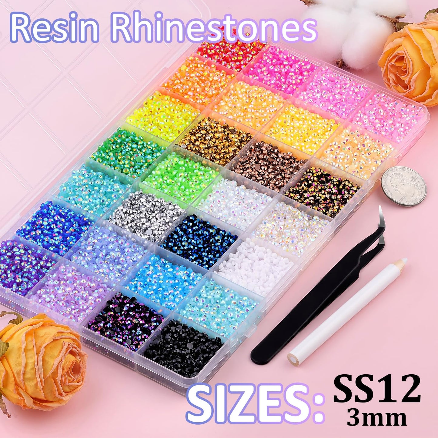 32000Pcs Resin Rhinestones with Tweezers for Crafting, Mixed-Color 3mm Bedazzling Crystal with 1Pcs 10ml B7000 Jewelry Glue for DIY Crafts Clothing Tumblers Shoes Fabric Nail Art