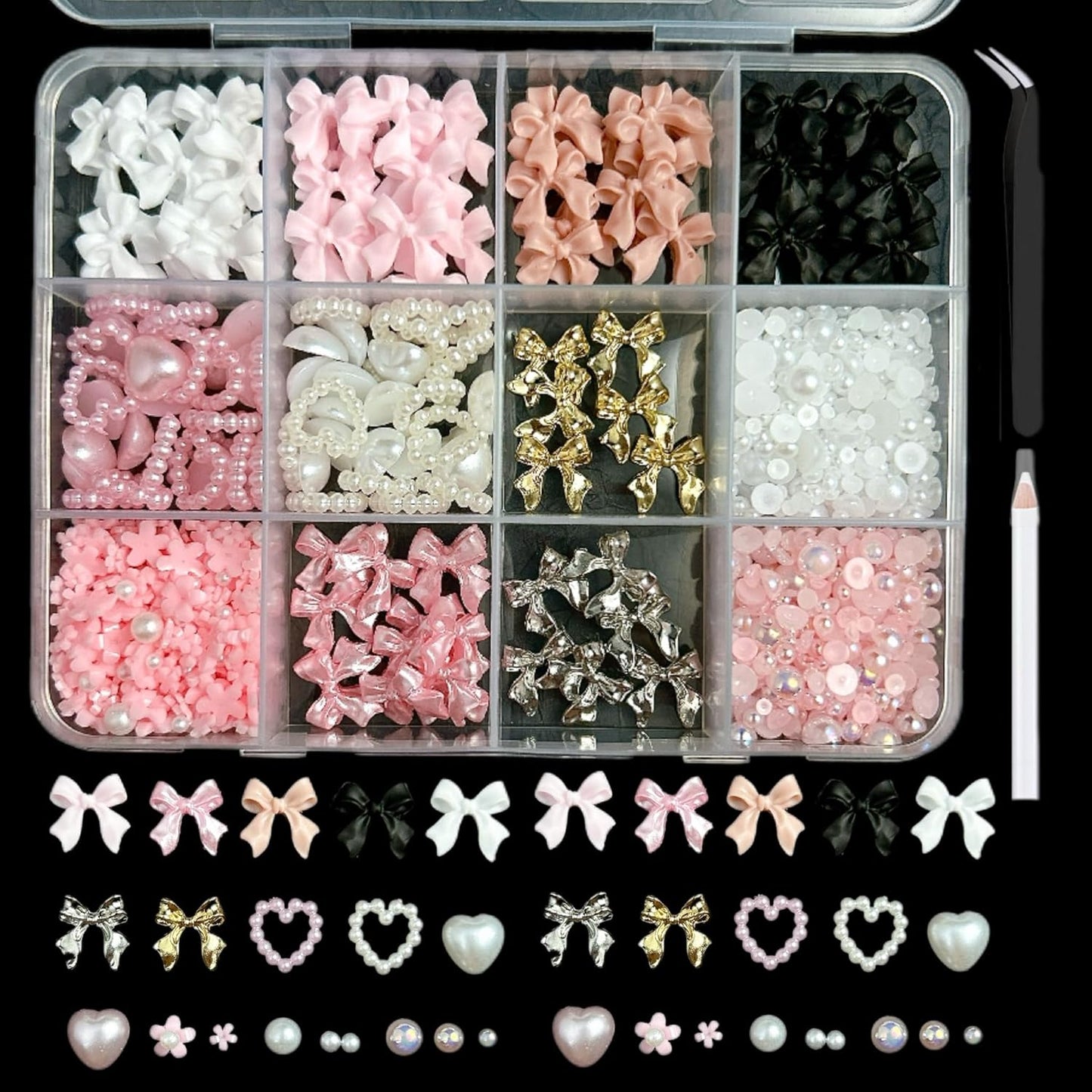Gold Bow Nail Charms Kit, Cute Pink Flowers Bows 3D Nail Charms for Nails Decoration, White Flatback Pearls Heart Nail Art Jewels for Women Manicure DIY Crafts Accessories