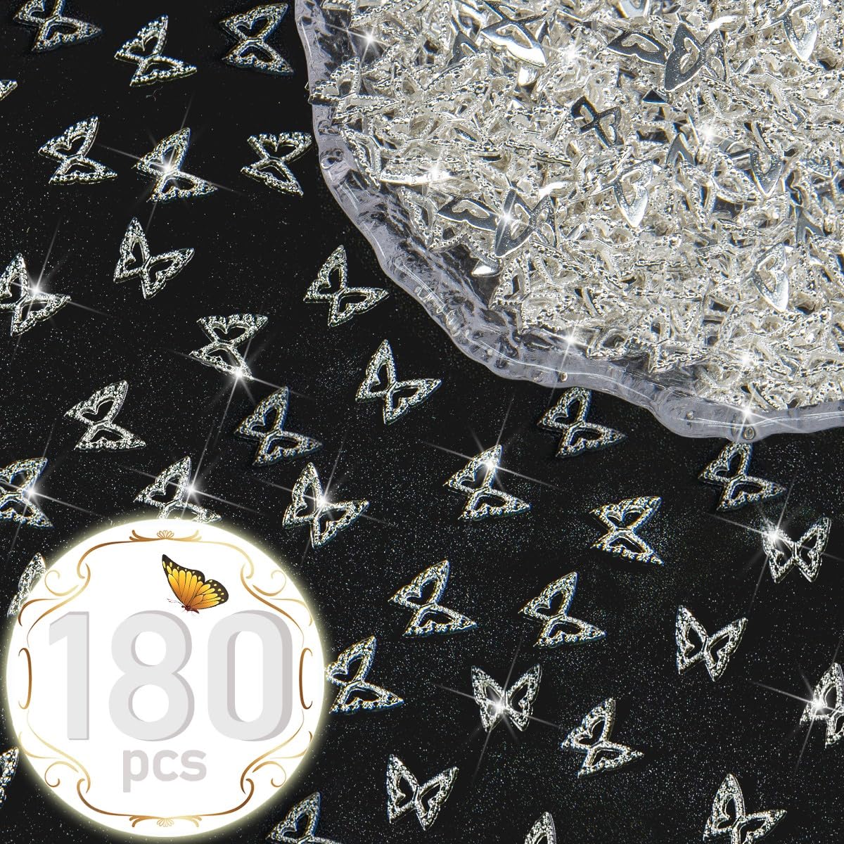 180pcs Silver 3D Butterfly Nails Charms Bulk for Acrylic Nails Art Jewels Decor Supplies