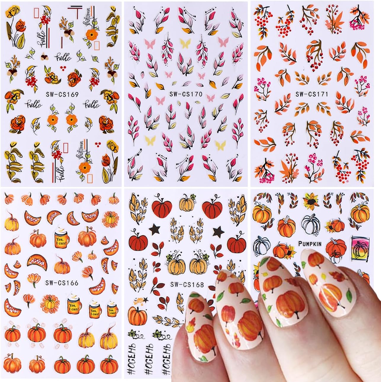 Autumn Leaf Nail Sticker - Fall Pumpkin Decals 3D Self-Adhesive Cute Leaves Supplies Thanksgiving Day Art Design DIY Manicure Decoration Tip Accessories 6 Sheets
