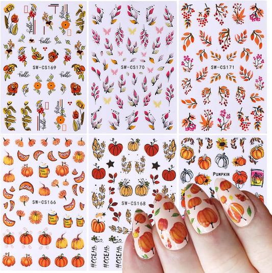 Autumn Leaf Nail Sticker - Fall Pumpkin Decals 3D Self-Adhesive Cute Leaves Supplies Thanksgiving Day Art Design DIY Manicure Decoration Tip Accessories 6 Sheets