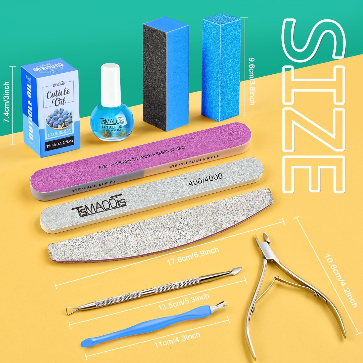 TsMADDTs Nail Manicure Kit with 3 Nail Files, 2 Buffer Blocks, Cuticle Tool with Trimmer, Pusher and Cuticle Oil for Women Nail Care