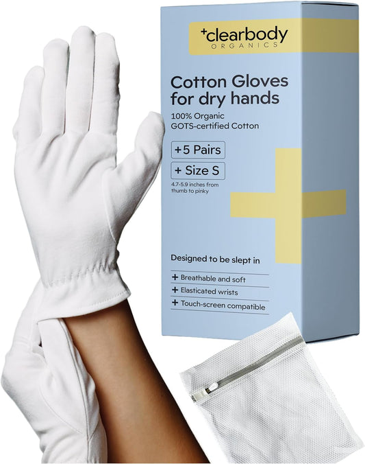 Clearbody Organics 100% Organic Cotton Gloves - 5 Pairs 10 Pc, Small, White - Moisture Lock & Moisturizing Gloves Overnight - Versatile Cotton Hand Liners