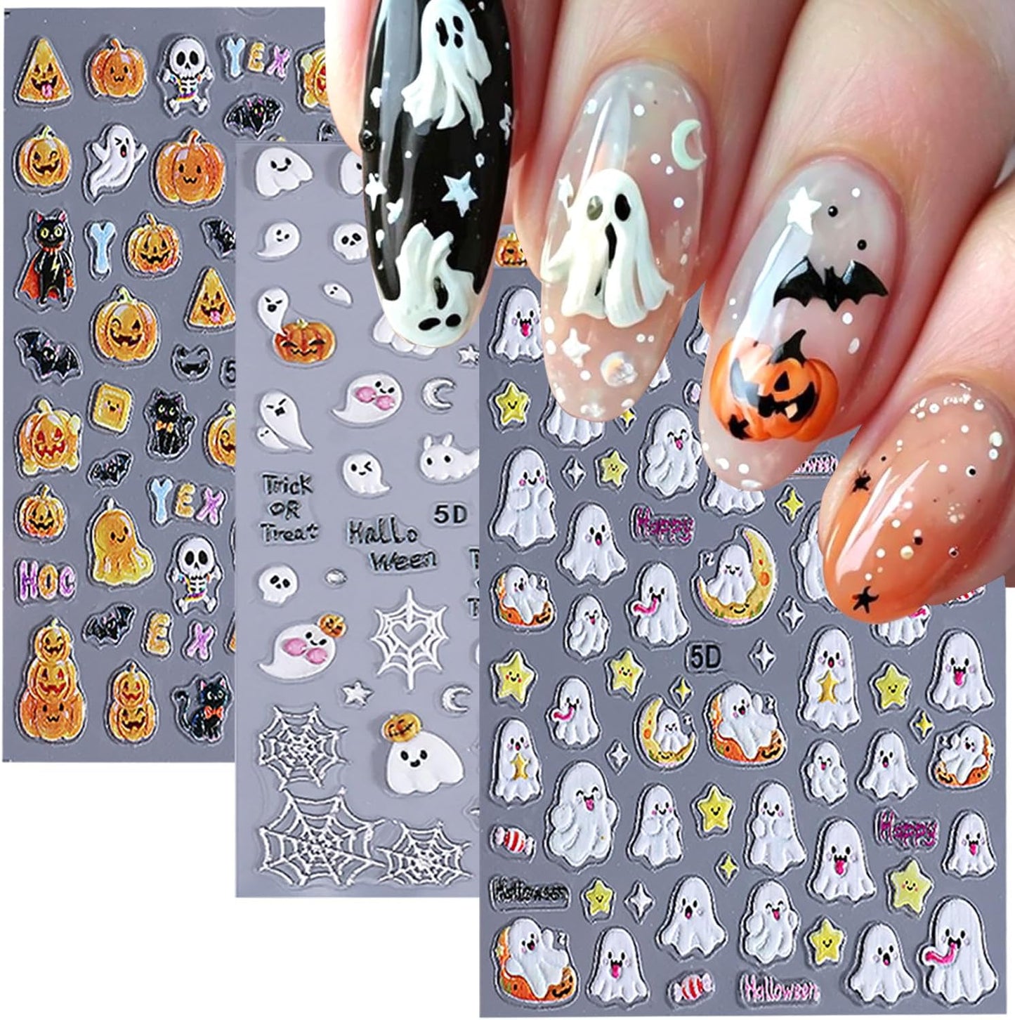 3 Sheets Halloween 5d Embossed Cute Ghost Nail Art Stickers Self Adhesive Pumpkin Spider Web Nail Decals Exquisite Star Moon Nail Design Stickers Holiday Nail Art Supplies for Women Decorations Tips