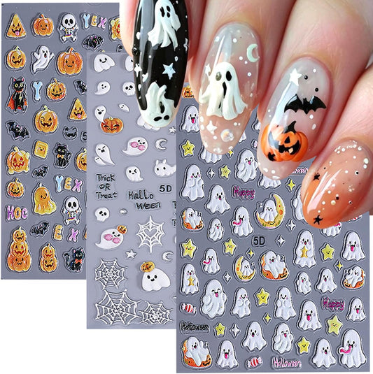 3 Sheets Halloween 5d Embossed Cute Ghost Nail Art Stickers Self Adhesive Pumpkin Spider Web Nail Decals Exquisite Star Moon Nail Design Stickers Holiday Nail Art Supplies for Women Decorations Tips