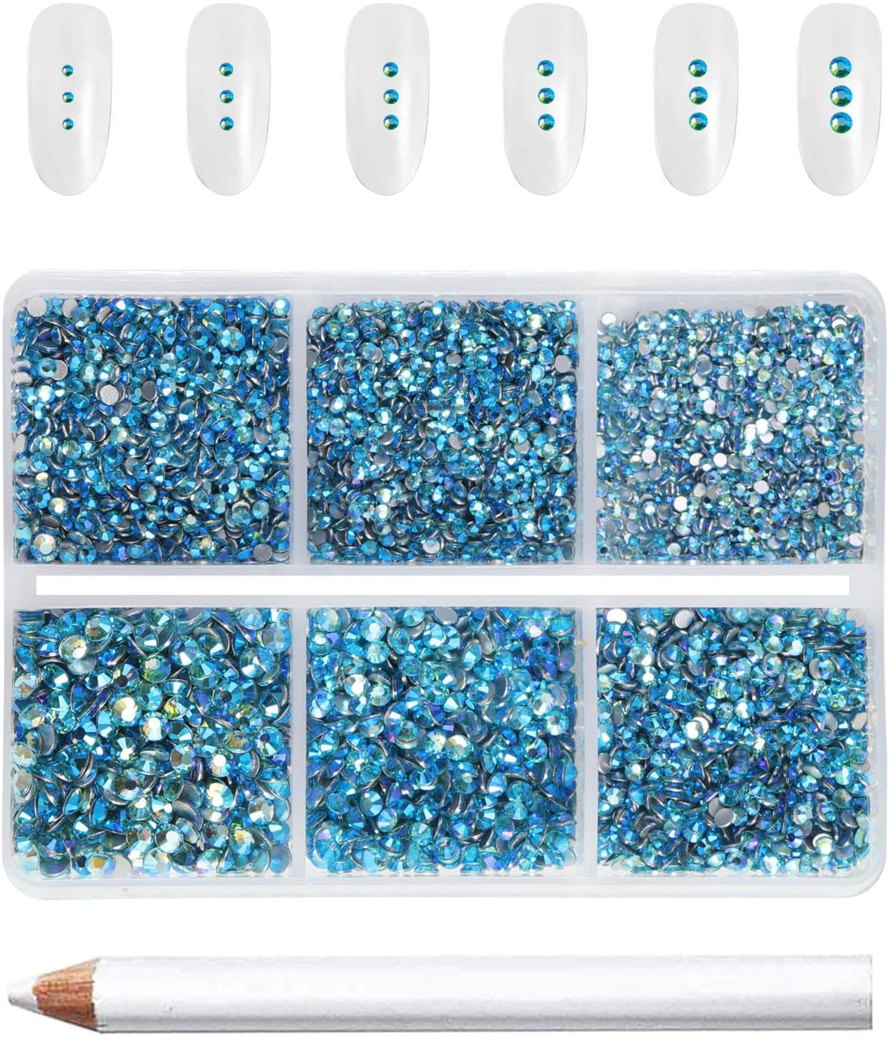 Beadsland 7200pcs Flatback Rhinestones,Blue AB Rhinestone Nail Gems Round Crystal Rhinestones for Crafts,Mixed 6 Sizes with Wax Pencil Kit, SS3-SS10,Aquamarine AB