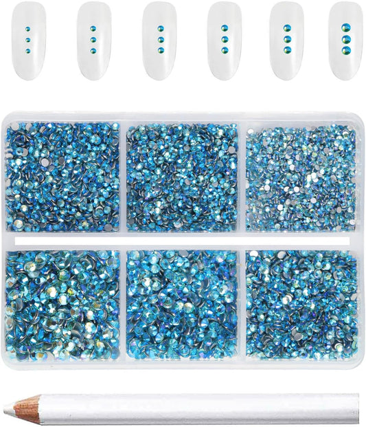 Beadsland 7200pcs Flatback Rhinestones,Blue AB Rhinestone Nail Gems Round Crystal Rhinestones for Crafts,Mixed 6 Sizes with Wax Pencil Kit, SS3-SS10,Aquamarine AB