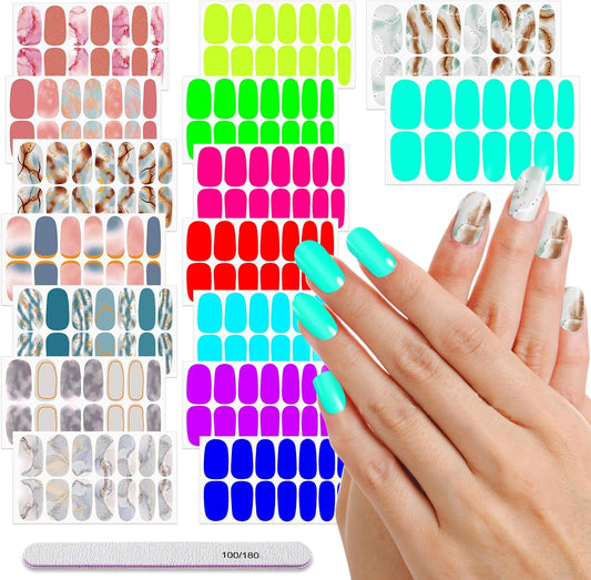 DANNEASY 16 Sheets Nail Polish Strips for Women Girl Marble&Fluorescence Nail Polish Stickers Full Nail Wraps Gel Nail Strips Self Adhesive Manicure Design Sticker Nails with File, Cuticle Stick