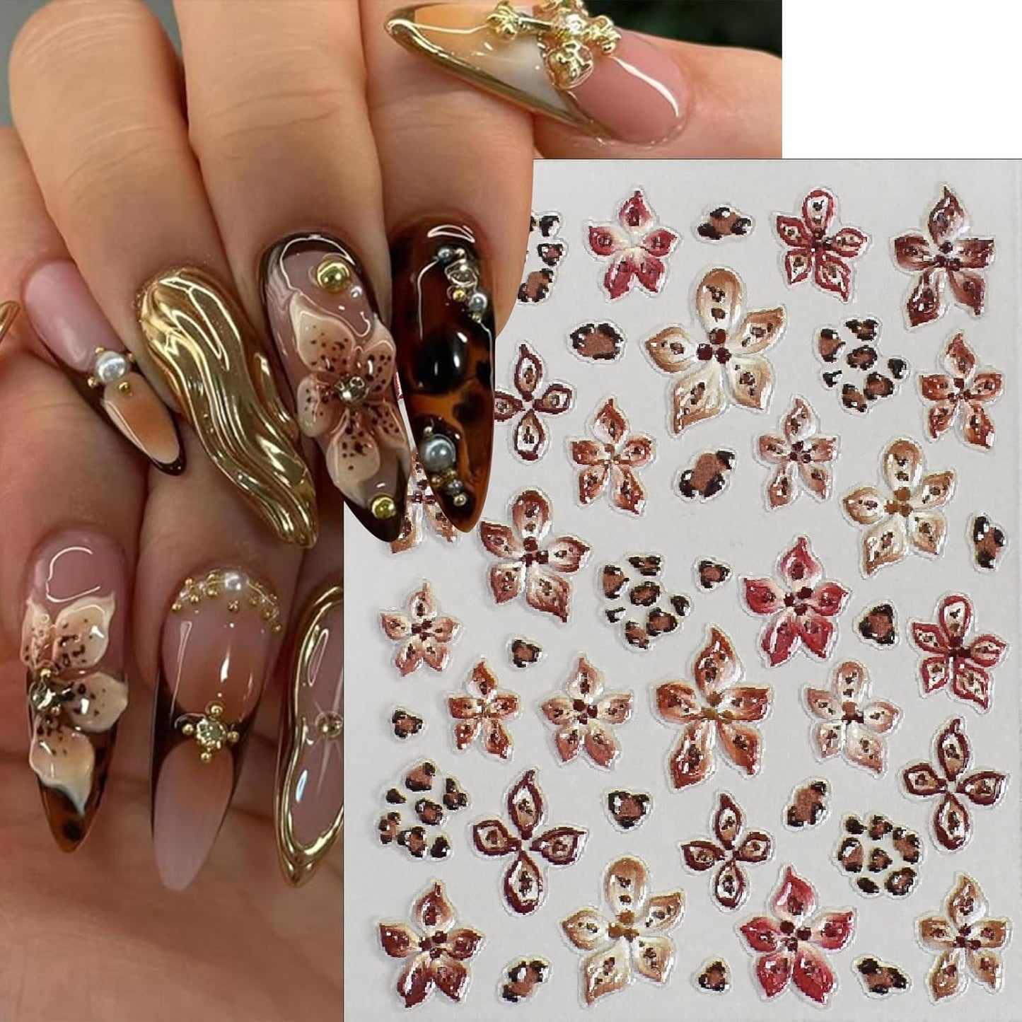 Hawaiian Flowers Nail Stickers 5D Embossed Lily Flower Stickers for Nails Hibiscus Floral Decals Leopard Floral Nail Design Pegatinas para Uñas for Women Girls DIY Manicure Decorations 4 Sheet