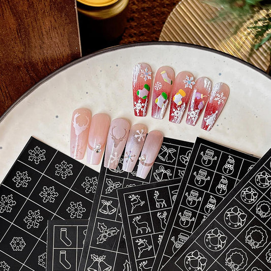 Christmas Nail Stickers Airbrush Stencils Stickers for Nail Art Self Adhesives with Snowman Snowflower Deer Bell Wreath Socks Designs Supplies Design Nail Guide for Manicure Nails Decoration 6 Sheets