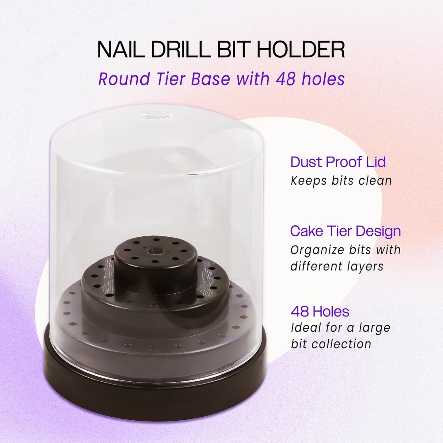 PANA Round Cake Tier Nail Drill Bit Holder Display Organizer Case - Dustproof Carbide Bit Storage Container Box For Manicure Tools Nail Salon - 48 Holes Black (Drill Bits Not Included)