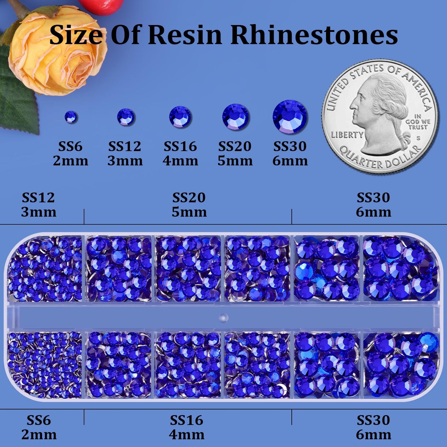 Resin Rhinestones for Crafting, 1 Box Royal Blue Flatback Crystals for Bedazzling Crafts DIY Nail Art Deco, Non Hotfix Bulk Gems for Tumbler Shoes Clothing Fabric Face Makeup
