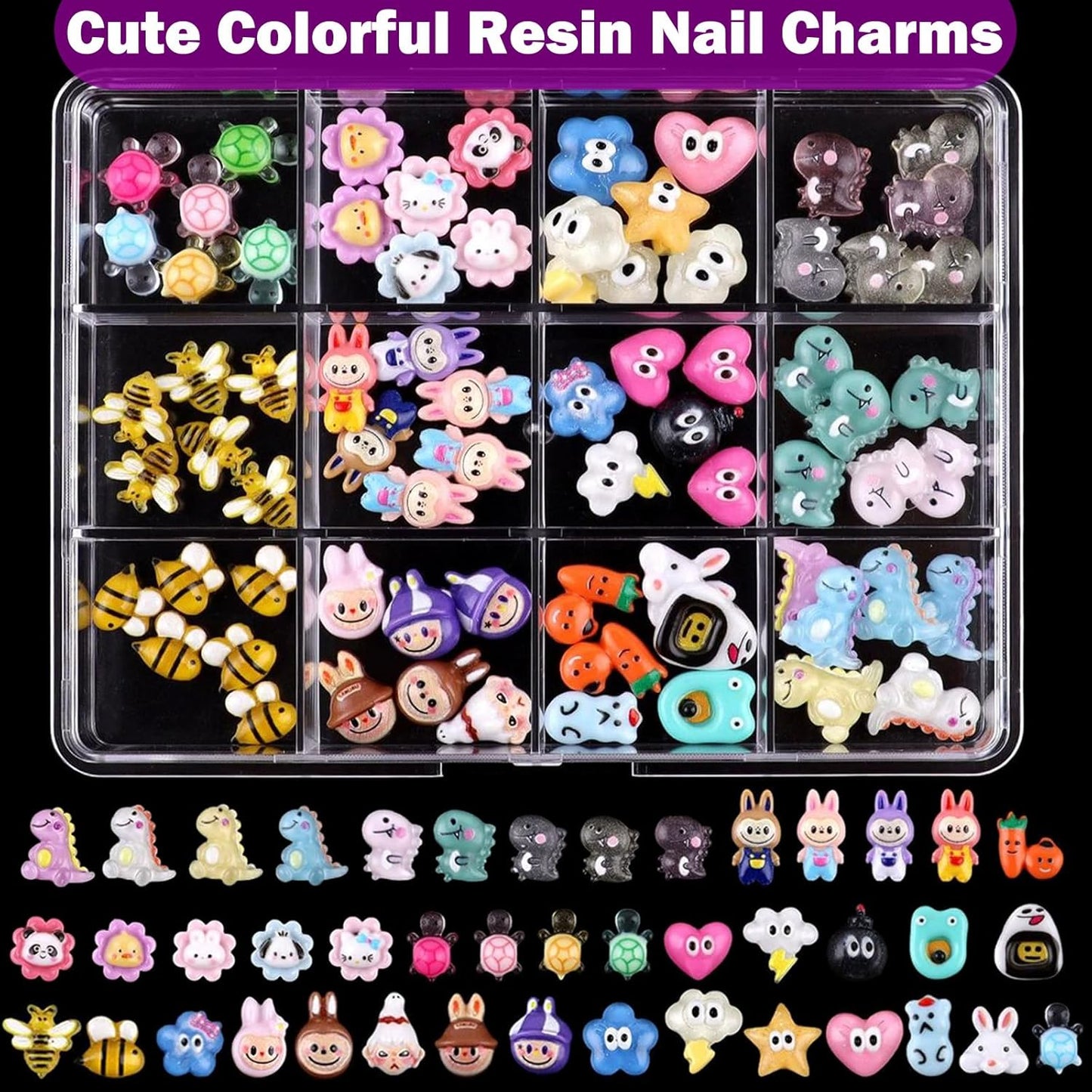 3D Nail Charms and Gems Kit, Color Candy Bow Bees Bear Animals Cartoon Nail Art Charms,Flatback Gems+Gold Bow Nail Studs+Gravel Diamond,Mixed Nail Rhinestones Manicure Kit Nail Art DIY Decoration