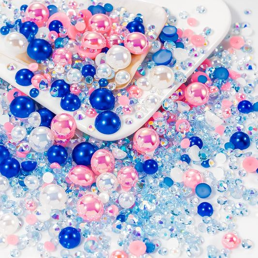 60g Pink Blue Flatback Rhinestones Half Pearls for Crafting, Mixed Size 3mm-10mm Resin Rhinestones for Bedazzling, Small Pearls for DIY Tumblers Mugs Nail Art Shoes Clothes with Glue