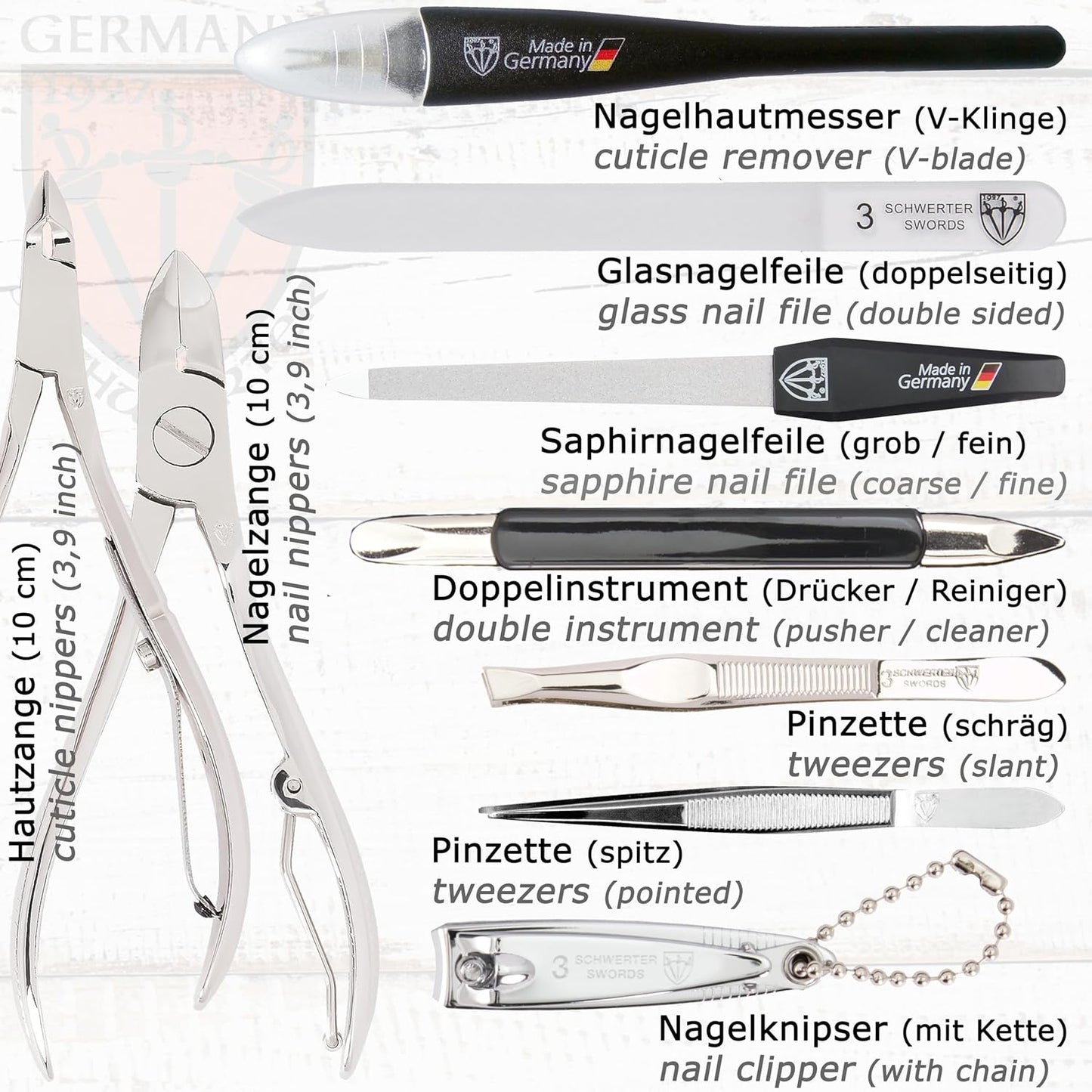 3 Swords Germany - brand quality 11 piece manicure pedicure grooming kit set for professional finger & toe nail care scissors clipper black genuine leather case in gift box, Made in Germany