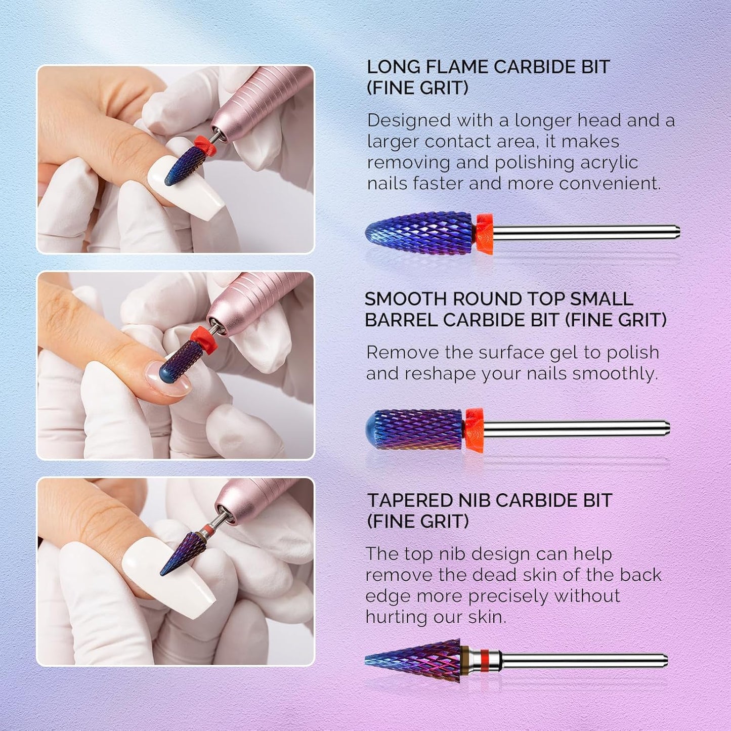 MelodySusie 3Pcs Nail Drill Bits Set, 3/32'' Carbide Tungsten Bits, Long Flame, Smooth Round Top Small Barrel and Tapered Nib Bits, Suitable for Manicure Pedicure Cuticle Gel Acrylic Remover, Purple
