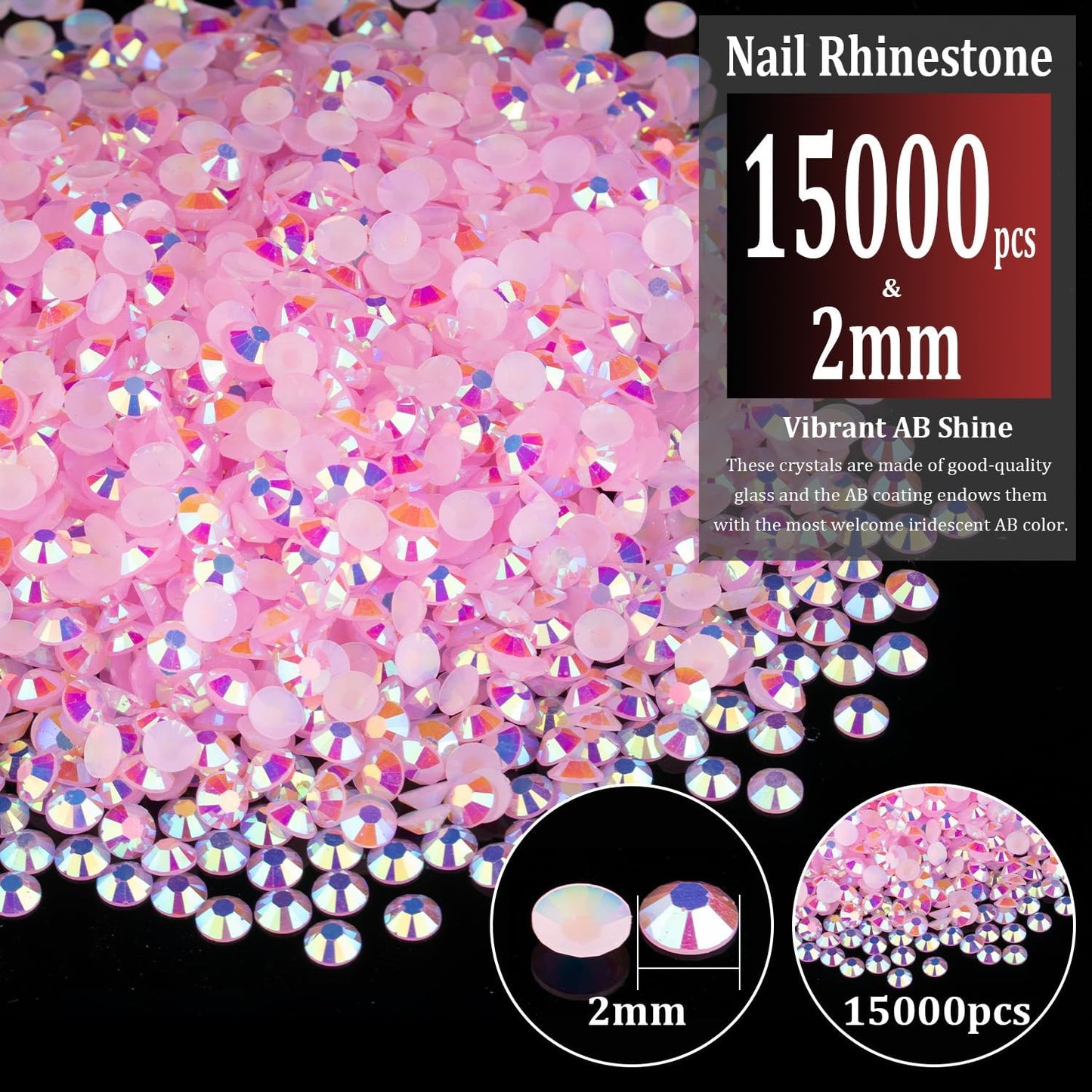 15000pcs 2mm Resin Rhinestones Bulk, Light Pink AB Flatback Round Jelly Rhinestones Bedazzling Non Hotfix Crystal Gems Large Quantity Wholesale for DIY Crafts Clothes Tumblers Face Makeup Manicure