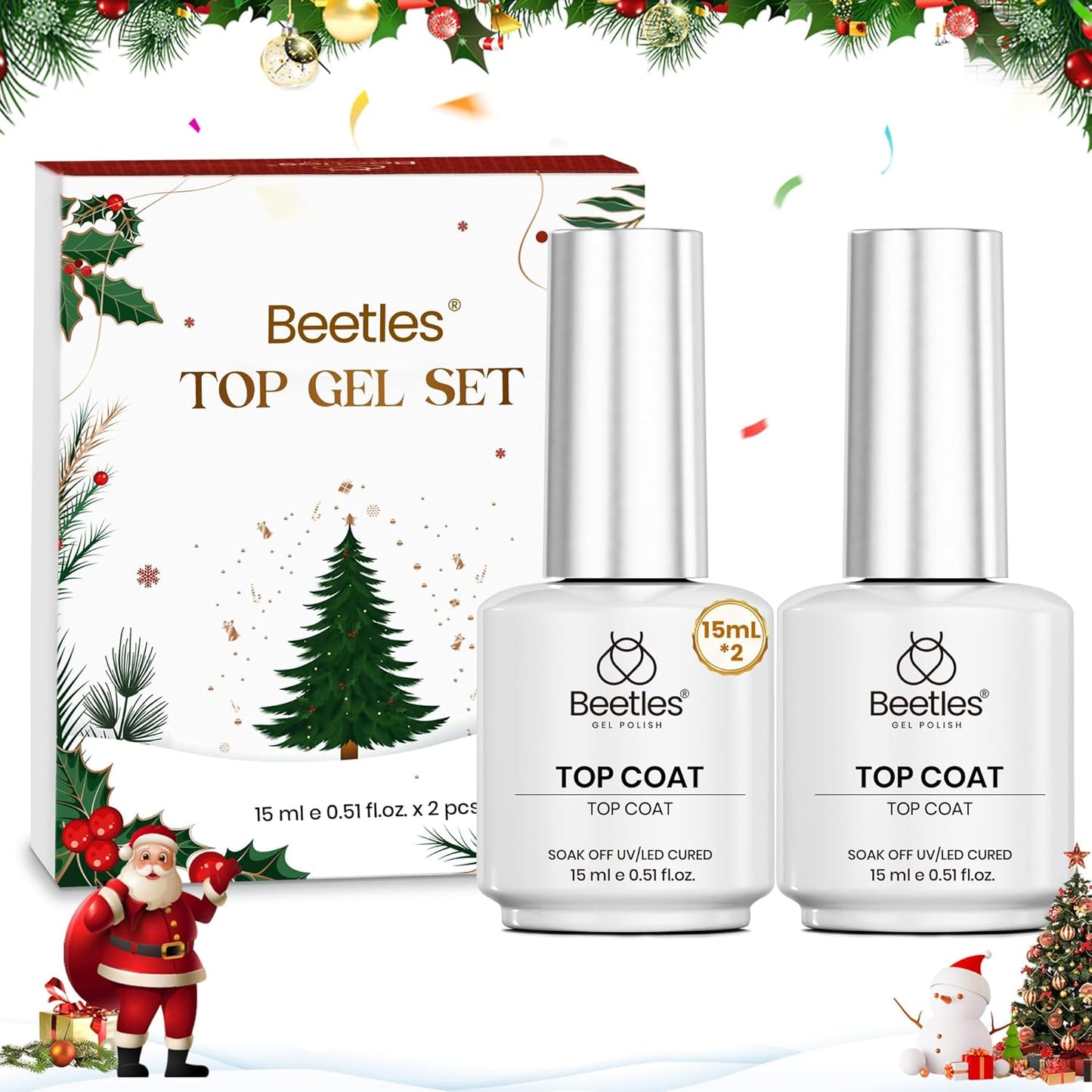 Beetles Christmas Limited Gel Top Set, 2Pcs 15ml Top Coat Gel Nail Polish, No Wipe Long Lasting Shining Glossy Top Coat Nail Manicure Soak off U V Lamp Needed Christmas Nail Gifts for Women