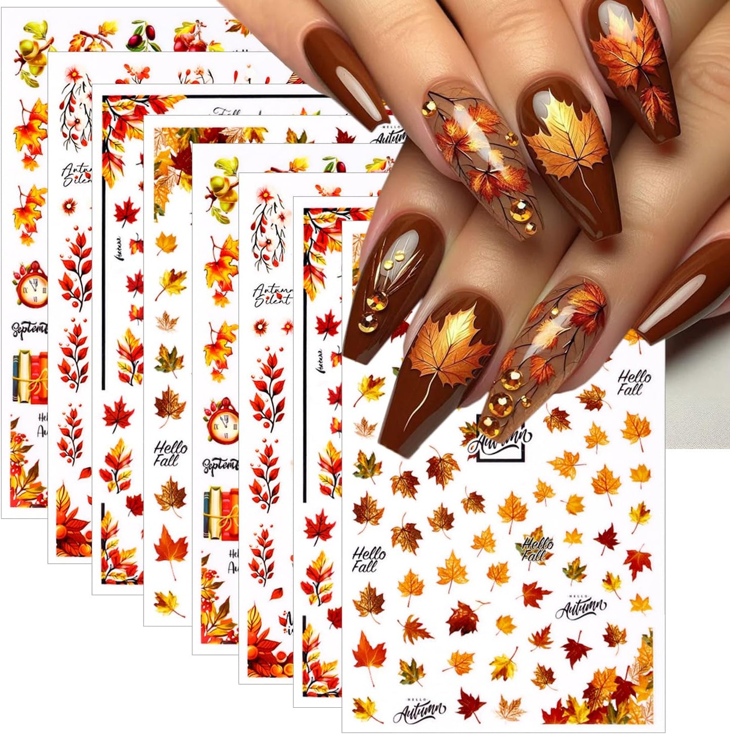 Fall Nail Art Stickers 8 Pcs 3D Self-Adhesive Thanksgiving Nail Decals Maple Leaves Pine Cone Deer Nails Designs Autumn Nails Decorations for Women DIY Manicure Art Supplies