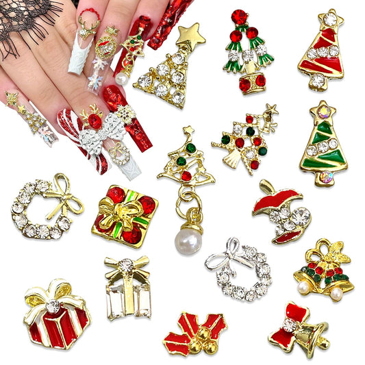 15Pcs Christmas Nail Charms for Nails Art Bling Xmas Trees Nail Rhinestones Luxury Metal Gift Bell Apple Nail Art Charms Design 3D Alloy Nail Jewelry Silver Green Red Nail Gems for Women Winter DIY