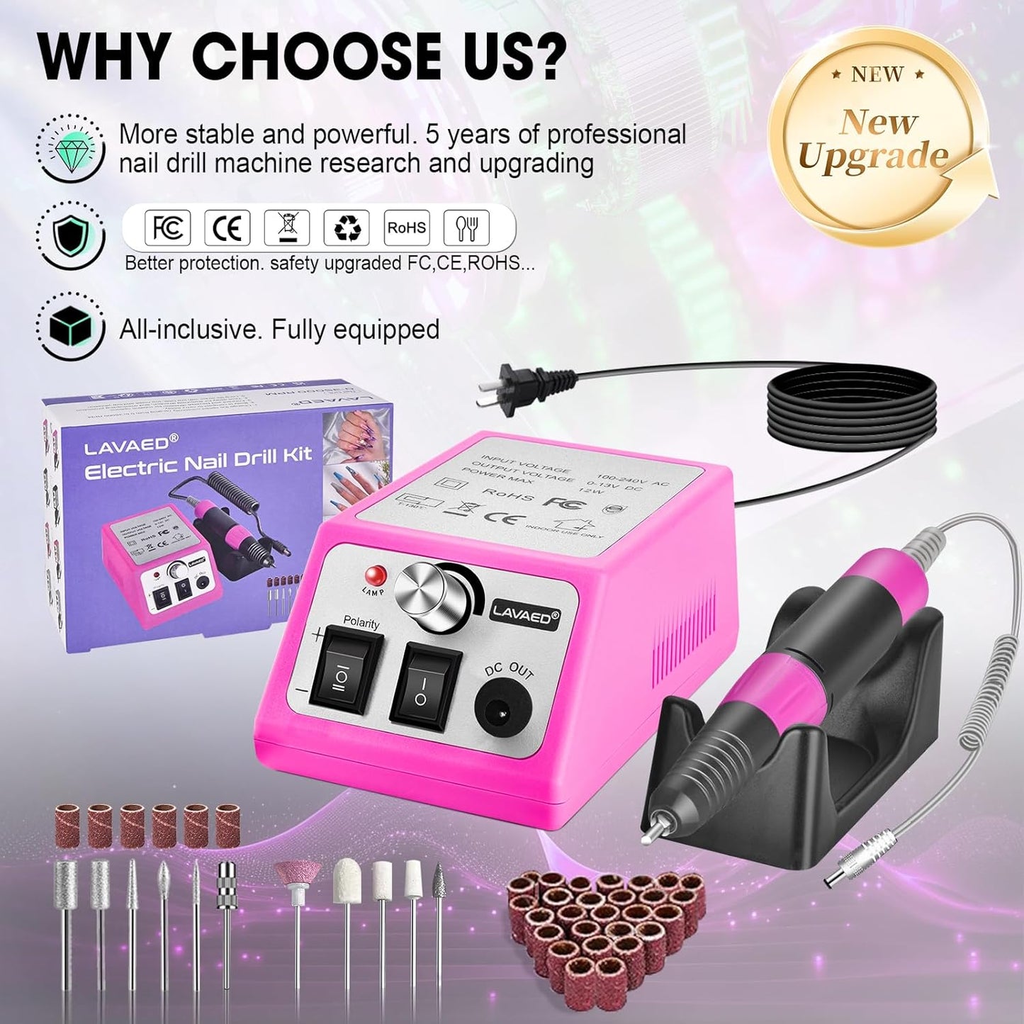 LAVAED Nail Drill Professional Electric Nail File 35000RMP Nail Filer Nails Drill Kit Electric E Filer for Nails with Nail Drill Bits and Sanding Bands and for Acrylic Nail Gel Nail Manicure Pedicure