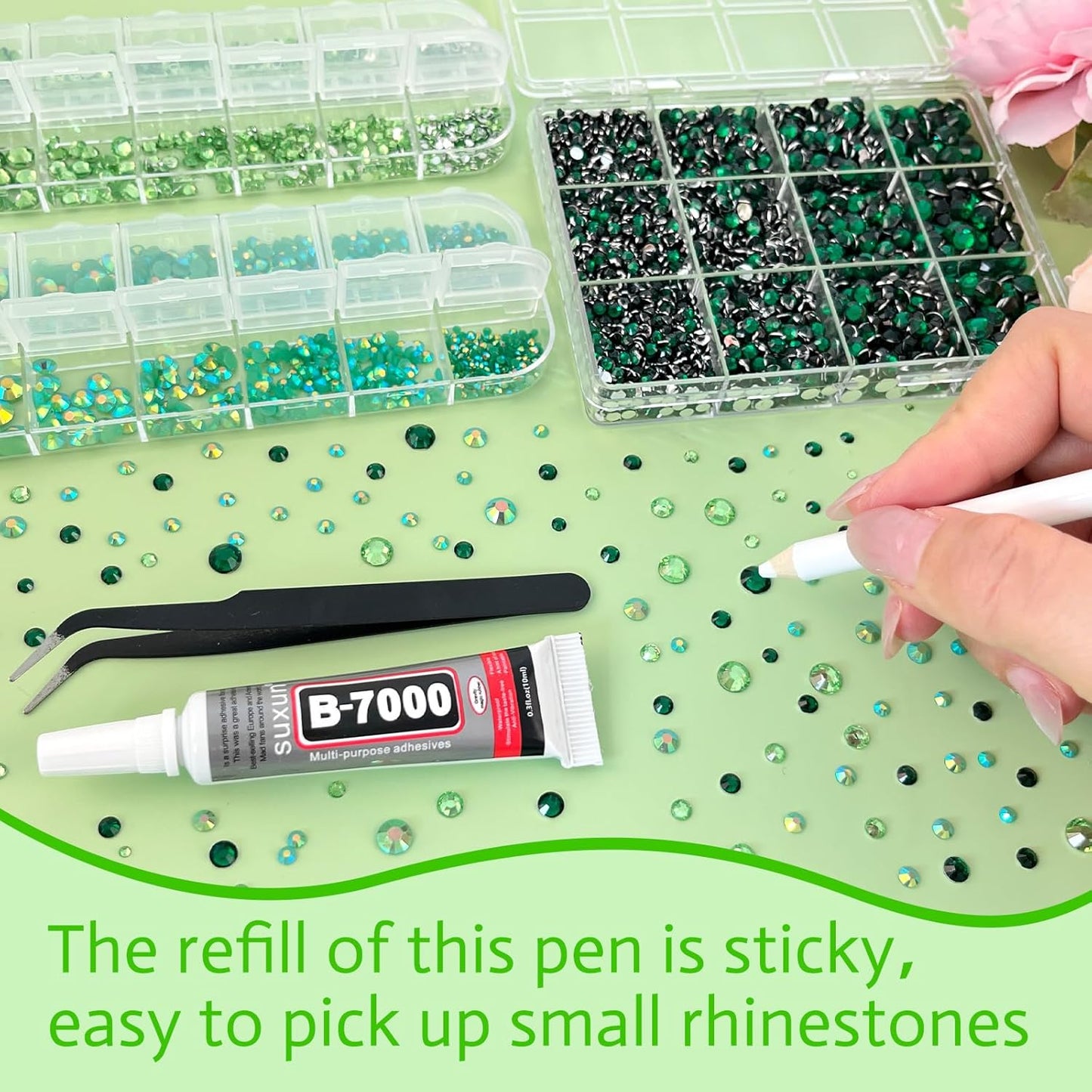 ASTARON Green Resin Rhinestones for Crafting, 2mm-6mm Mixed Flatback Resin Gemstones for Crafts Gems Bulk Jelly AB Bedazzling Diamonds with Glue for Nails, Tumblers, Mugs Decoration
