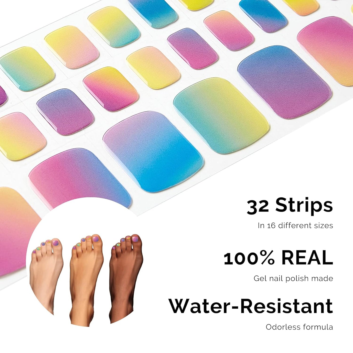 NAILOG Semi Cured Gel Nail Strips, Toe Nail Polish Strips with Glossy Gel Finishing | Buy 3 Get 1 UV Lamp| 32 Pieces Long Lasting Pedi Stickers | Rainbow