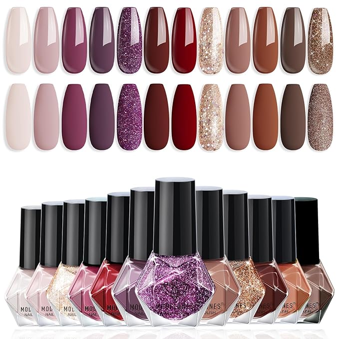 modelones Nail Polish Set 12 Colors Burgundy Red New Year 2025 Nail Polish Set Champagne Gold Glitter Dark Red Purple Shimmer Brown Nail Valentines's Gifts for Women Girl DIY Salon Home