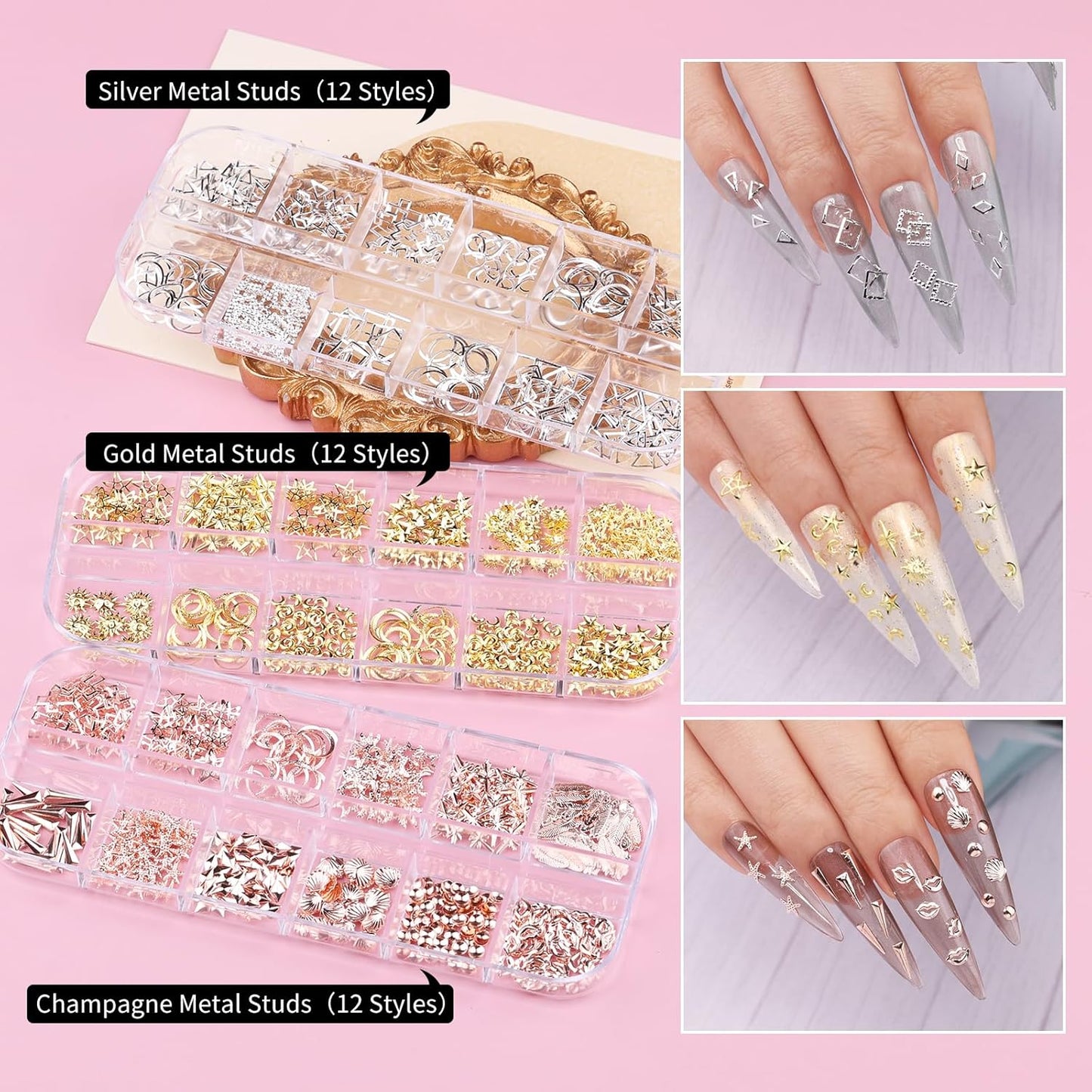 10 Boxes Nail Art Kit, Colorful Glass Nail Rhinestones, 2-6mm White Flatback Pearls, 3D Gold Studs Holographic Foil Flakes and Iridescent Glitter Sequins with Tweezers Brush