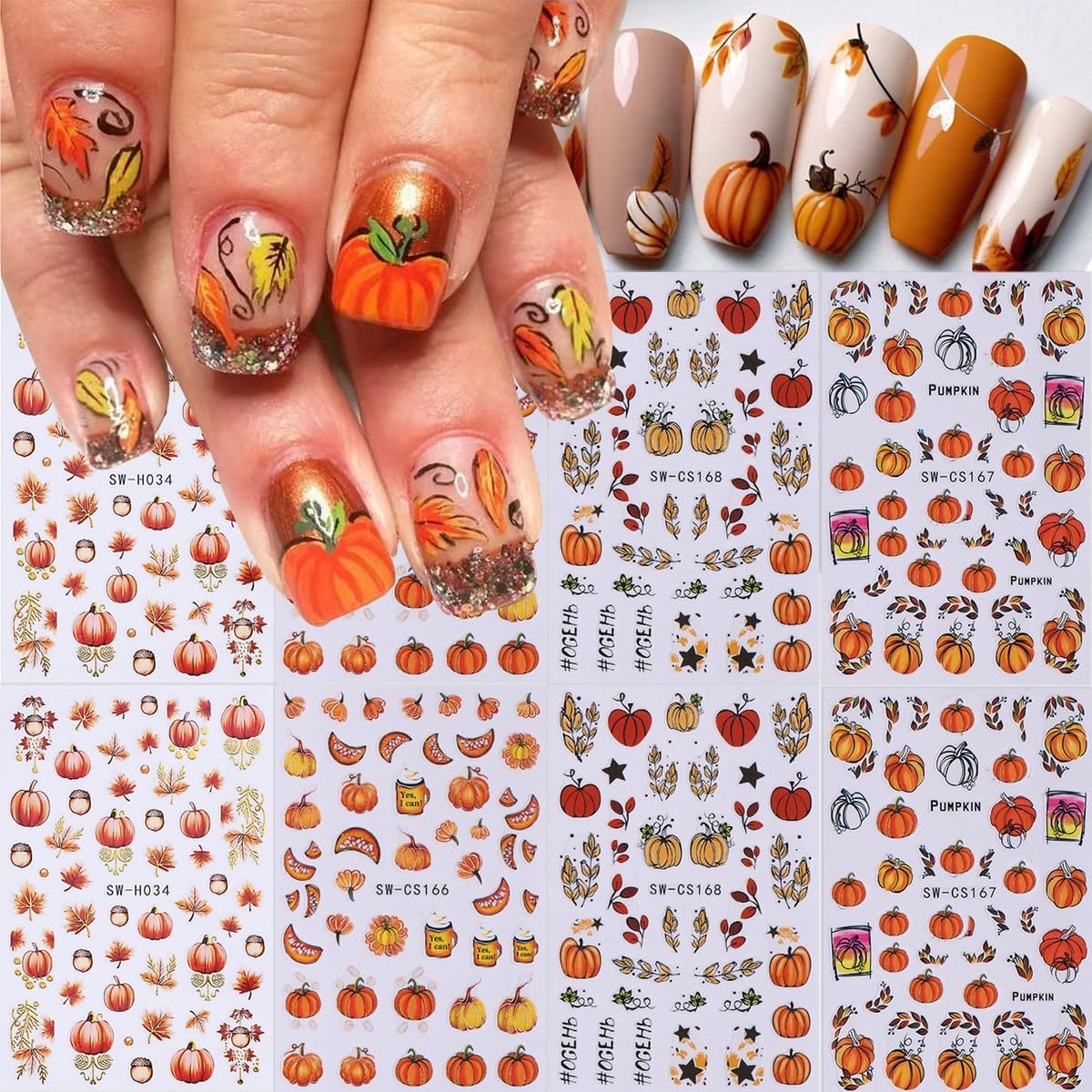 8 Sheets Fall Nail Art Stickers 3D Self-Adhesive Autumn Nail Stickers Maple Leaf Pumpkin Designs Sticker Nail Art Supplies Thanksgiving Nail Decals for Women Girls Acrylic DIY Manicure Decorations