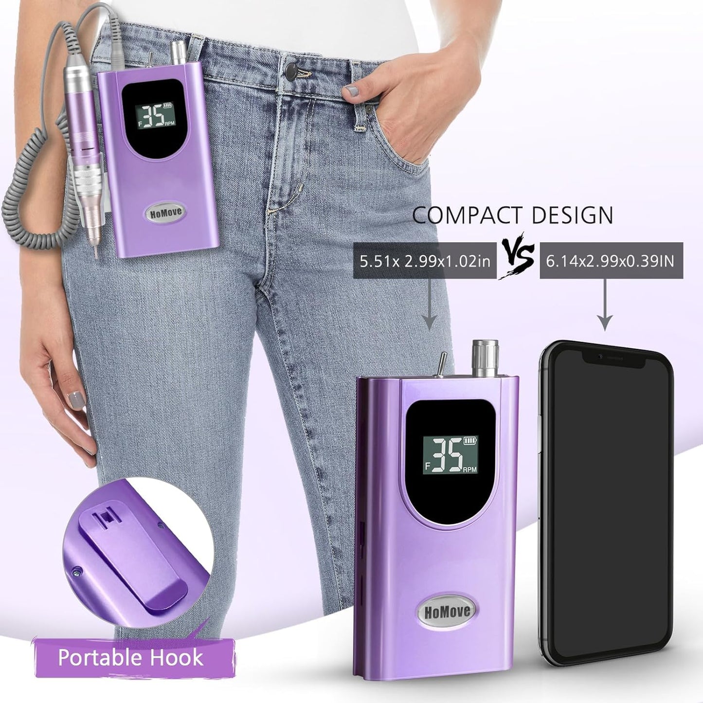 35000RPM Portable Nail Drill Machine, HoMove Professional Nail Drill Machine, Rechargeable Electric Efile Nail Drills for Acrylic Gel Nails, Cordless Portable Nails Drill【Purple】